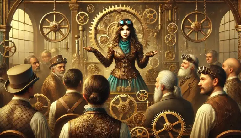 Scène steampunk dans un atelier victorien où une femme, conseillère financière, vêtue de vêtements en cuir et accessoires en laiton, présente des systèmes d'optimisation fiscale. Elle est entourée d’hommes en tenues steampunk écoutant attentivement. L’arrière-plan est rempli d’engrenages, de tuyaux à vapeur, et de textures métalliques, symbolisant l’innovation et la collaboration dans une ambiance rétrofuturiste.
