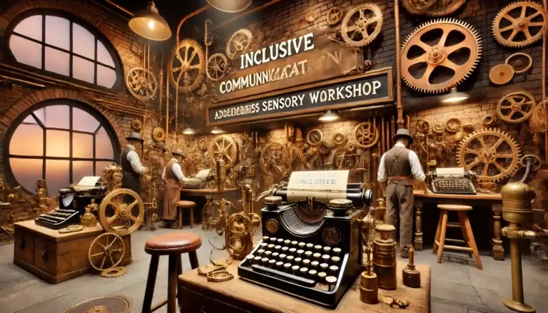 Illustration steampunk d'un atelier victorien industriel dédié à la communication inclusive. Des personnages collaborent autour de dispositifs innovants, tels que des prothèses auditives en laiton ornées de rouages, des lunettes avec capteurs sensoriels, et des machines à écrire traduisant la langue des signes en texte. L'atelier est décoré de murs en briques apparentes, de tuyaux en cuivre et de grandes roues dentées, éclairé par une lumière chaude mettant en valeur les textures de cuir, métal et bois