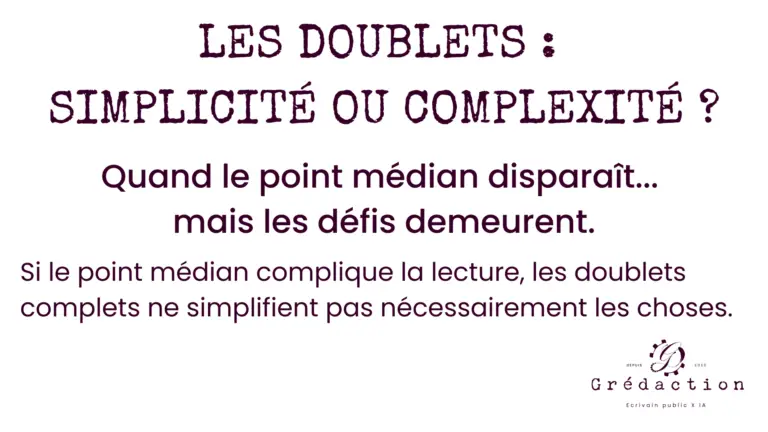 Visuel intitulé Les Doublets : Simplicité ou Complexité ?. En caractères gras, le texte aborde la problématique de l'usage des doublets dans la langue inclusive : Quand le point médian disparaît... mais les défis demeurent. Une réflexion est ajoutée en-dessous, affirmant : Si le point médian complique la lecture, les doublets complets ne simplifient pas nécessairement les choses. En bas à droite, le logo de Grédaction est présent, avec la mention : Écrivain public X IA. Le design est sobre, sur fond blanc, avec des typographies modernes et élégantes en couleur aubergine