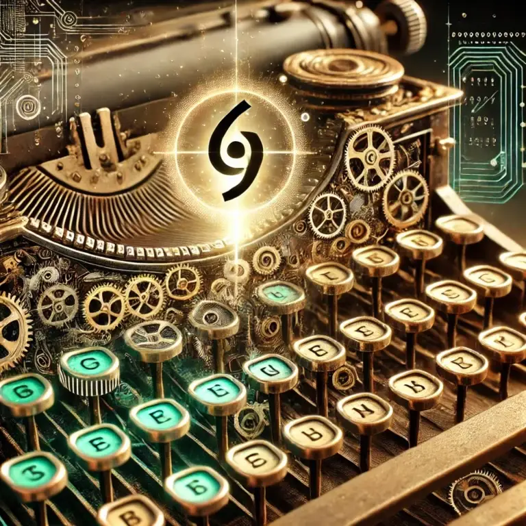 Image steampunk illustrant une machine à écrire rétro équipée de touches brillantes bleu-vert et d'engrenages complexes en or et bronze. En son centre, un symbole stylisé représentant un point médian illuminé représente l'innovation dans l'écriture. Des circuits électroniques en arrière-plan mêlent futurisme et esthétique rétro. Un mariage visuel entre tradition mécanique et modernité numérique