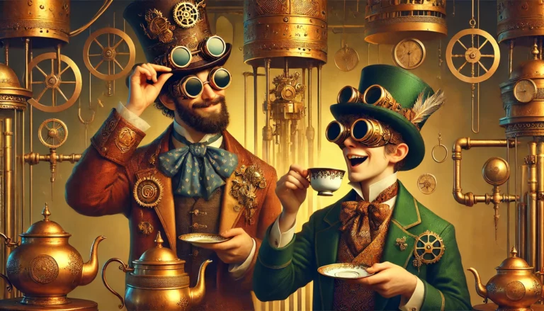 Plongez dans un univers steampunk fascinant avec cette illustration captivante d’un duel verbal plein d’élégance. Deux personnages en tenues victoriennes raffinées s’affrontent avec humour et créativité dans un décor mécanique aux détails en laiton et bois. L’un arbore un sourire narquois en inclinant son haut-de-forme, tandis que l’autre réagit avec une fausse indignation, une tasse de thé à la main. Les engrenages brillent, la vapeur s’élève doucement, créant une ambiance rétro-futuriste chaleureuse. Cette scène illustre parfaitement l’art d’insulter avec panache, alliant esthétisme steampunk et esprit victorien. Une image idéale pour enrichir des contenus sur la culture geek, le steampunk ou l’humour intelligent.