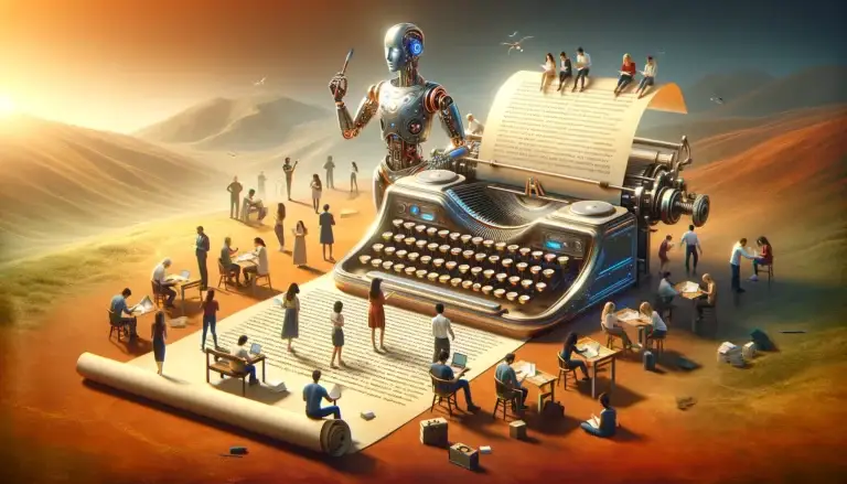 Illustration en format paysage représentant le contraste entre l'intelligence artificielle et l'expertise humaine dans le cadre de l'écriture inclusive. À gauche, une machine futuriste semblable à une machine à écrire robotisée avec des bras mécaniques tape sur des feuilles de papier, symbolisant l'IA. À droite, un groupe diversifié de personnes — de différents genres, origines ethniques et capacités physiques — collabore autour d'un grand parchemin, échangeant des idées et corrigeant des textes. L’ambiance est chaleureuse avec des tons doux et des reflets métalliques subtils, illustrant l'équilibre entre technologie et humanité.