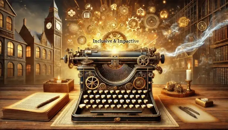 Illustration steampunk d’une machine à écrire vintage ornée de rouages et d’éléments à vapeur, posée sur un bureau en bois éclairé. En arrière-plan, une ville victorienne futuriste symbolise le progrès et l’évolution de la communication écrite.