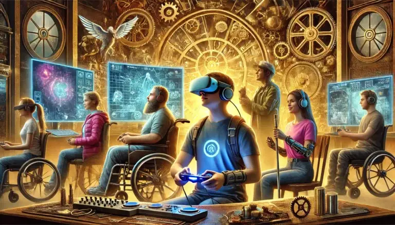 Illustration d’un environnement de jeu inclusif où des joueuses et des joueurs en situation de handicap profitent d’une expérience immersive. On y voit une personne utilisant une manette adaptative, une autre équipée d’un casque VR accessible, et un joueur malvoyant interagissant avec une interface narrée. Le décor adopte une esthétique cyber-steampunk avec des écrans lumineux, des engrenages et des accents en laiton, symbolisant l’innovation en matière d’accessibilité.