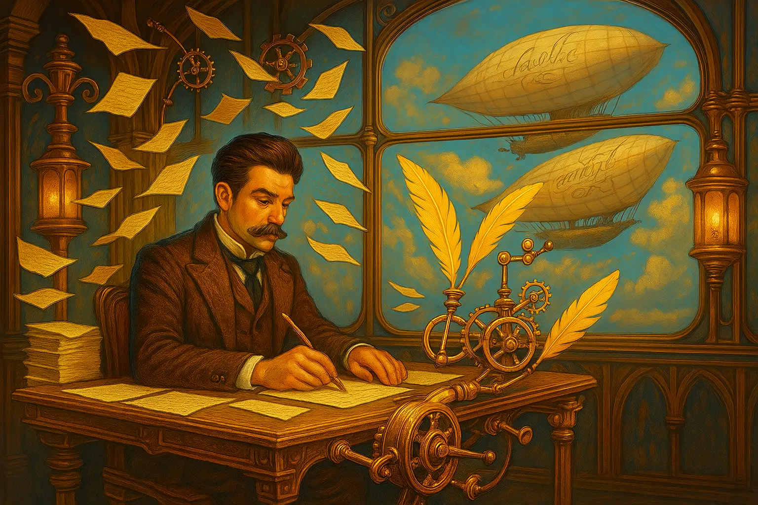 Illustration steampunk d’un écrivain public dans un observatoire victorien, écrivant à un bureau mécanique avec une plume dorée connectée à des engrenages, entouré de feuilles volantes et d’aéronefs calligraphiés dans le ciel – symbolisant la fusion entre écriture institutionnelle, technologie et identité narrative.