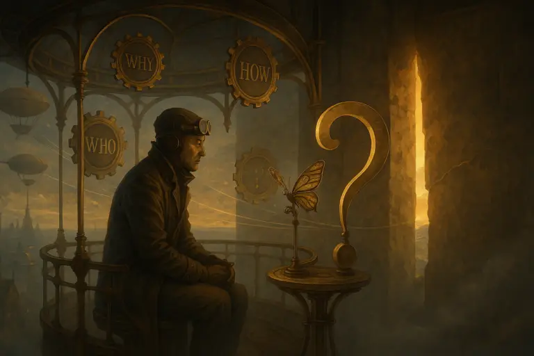 Illustration steampunk d’un observatoire en laiton flottant au-dessus d’une ville embrumée, avec une silhouette en tenue victorienne écoutant un papillon mécanique posé sur un point d’interrogation doré, entouré d’engrenages en lévitation gravés de questions, symbolisant l'écoute active et la transformation intérieure.