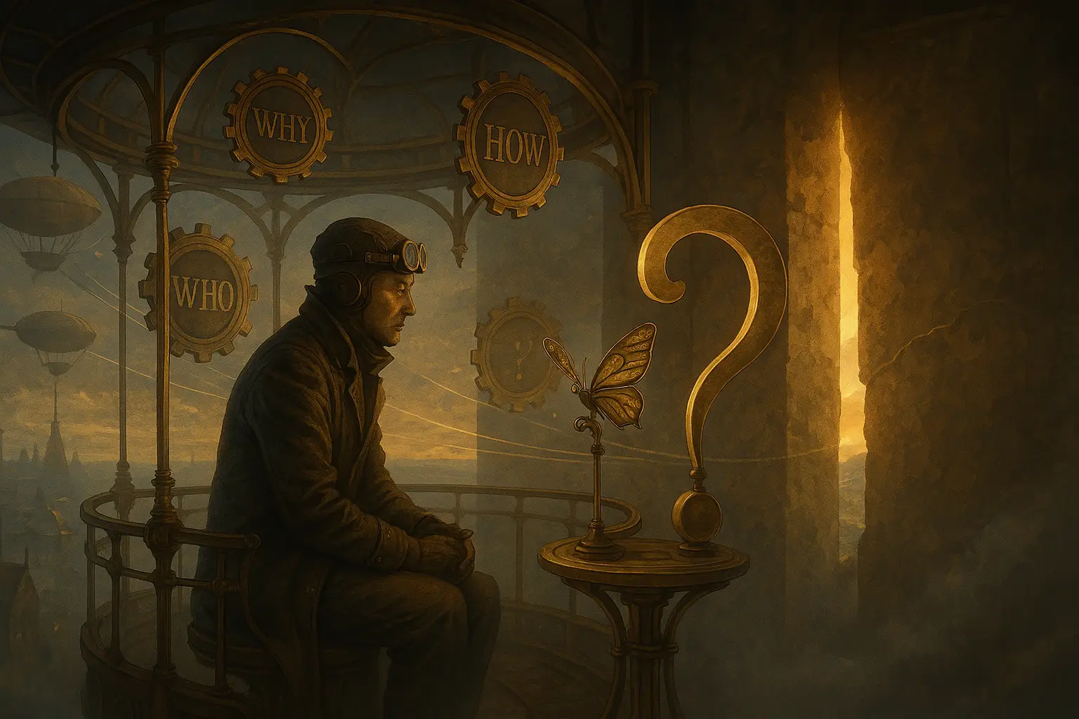 Illustration steampunk d’un observatoire en laiton flottant au-dessus d’une ville embrumée, avec une silhouette en tenue victorienne écoutant un papillon mécanique posé sur un point d’interrogation doré, entouré d’engrenages en lévitation gravés de questions, symbolisant l'écoute active et la transformation intérieure.