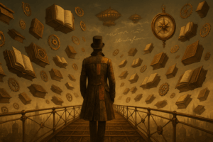 Figure solitaire sur une passerelle en laiton, entourée de livres mécaniques flottants et de rouages, dans une bibliothèque steampunk symbolisant la quête imparfaite du savoir inclusif pour l'écriture & communication.