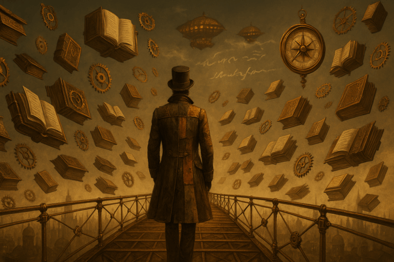 Figure solitaire sur une passerelle en laiton, entourée de livres mécaniques flottants et de rouages, dans une bibliothèque steampunk symbolisant la quête imparfaite du savoir inclusif pour l'écriture & communication.