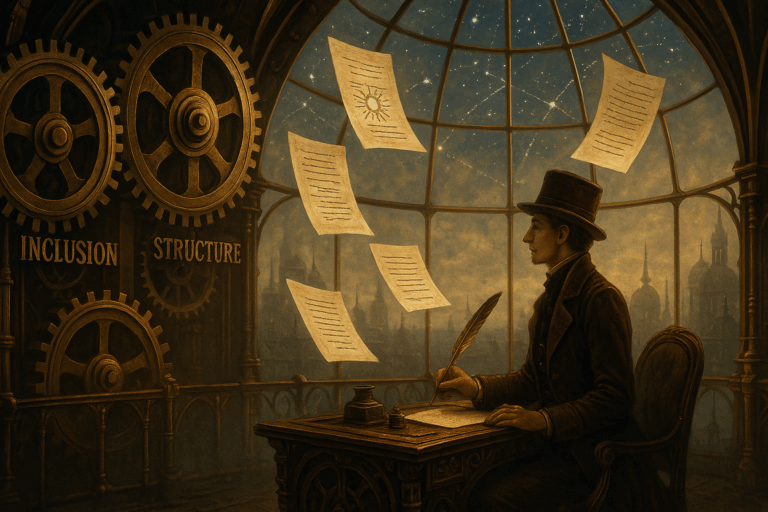 Écrivain en tenue victorienne assis à un bureau mécanique dans un observatoire steampunk ; des manuscrits translucides flottent autour, tandis que trois engrenages géants gravés des mots « Inclusion », « Structure », « Lisibilité » tournent lentement sous une coupole vitrée donnant sur une ville brumeuse de cuivre et de rouages.