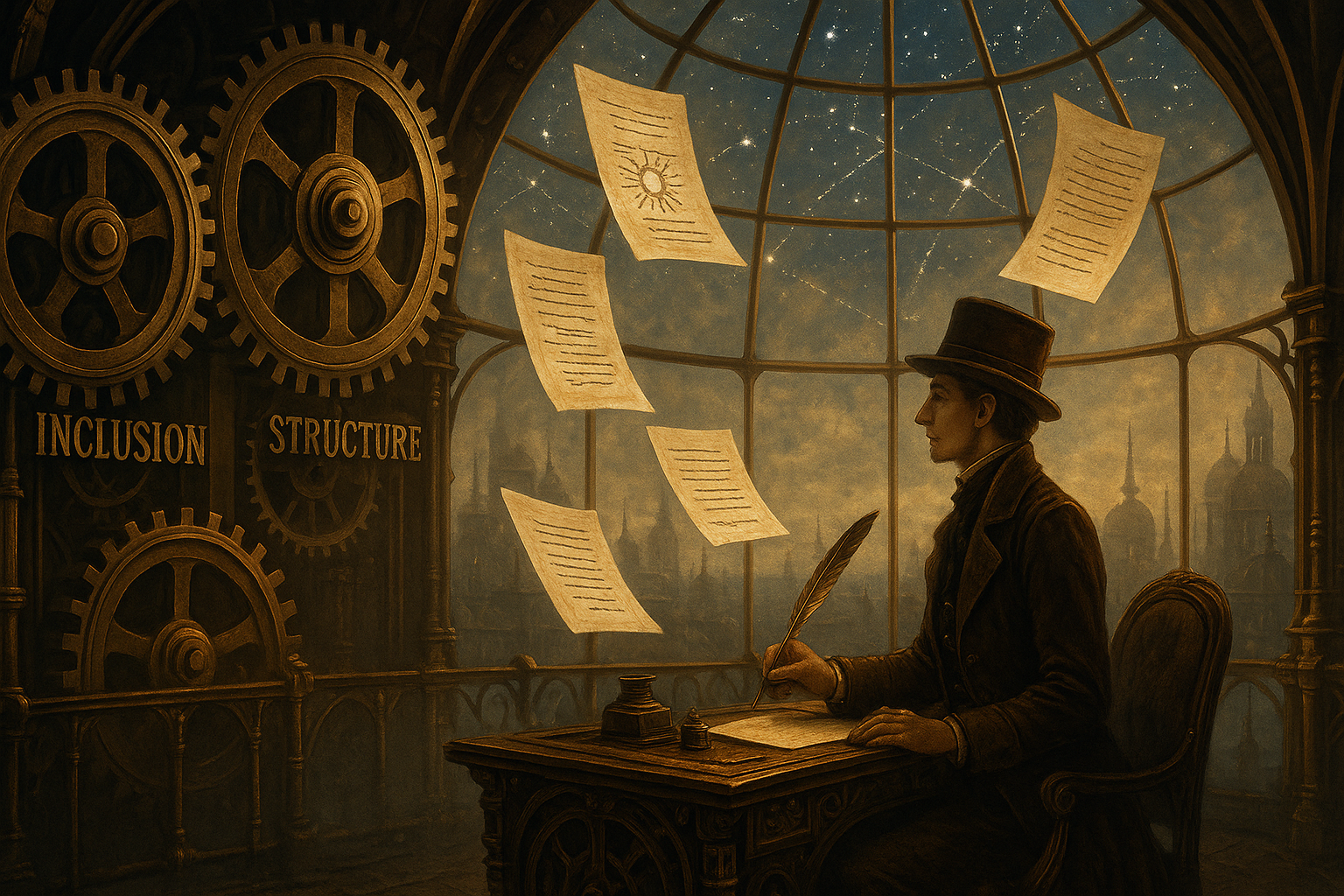 Écrivain en tenue victorienne assis à un bureau mécanique dans un observatoire steampunk ; des manuscrits translucides flottent autour, tandis que trois engrenages géants gravés des mots « Inclusion », « Structure », « Lisibilité » tournent lentement sous une coupole vitrée donnant sur une ville brumeuse de cuivre et de rouages.
