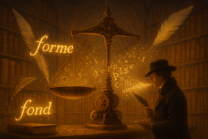 Dans une vaste bibliothèque steampunk aux murs tapissés de livres géants, des plumes mécaniques inscrivent seules des phrases lumineuses dans l’air. Au centre, un grand balancier de cuivre oscille entre deux extrêmes : « forme » et « fond ». Chaque battement fait jaillir des engrenages qui se transforment en mots flottants, certains cabossés, d’autres polis comme des miroirs, mais tous porteurs de sens. Une silhouette en manteau victorien, plume à la main, souffle sur les lettres : même cabossées, elles s’illuminent et s’emboîtent en un texte compréhensible. L’atmosphère est noble, chaude, baignée de cuivres et d’ambres, traduisant la force du message au-delà de la perfection orthographique.